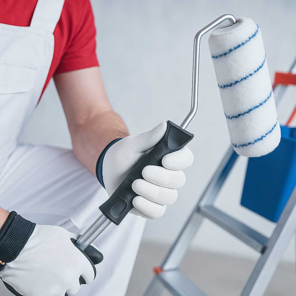 Målare i vita arbetskläder och handskar håller i en målarroller med blå linjer – professionellt måleriverktyg vid inomhusrenovering